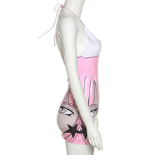 Load image into Gallery viewer, 3D Anime Face Print Pink Fashion Sexy Babes Halterneck Off Shoulder Open Back Slim Fit Wrap Hip Dress
