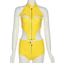 Load image into Gallery viewer, Sexy Hollow PU Leather Zipper Sling Top + Slim Shorts Two-piece Set Women Fashion Waist Cutout T-shirt Suit
