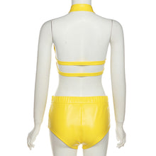 Load image into Gallery viewer, Sexy Hollow PU Leather Zipper Sling Top + Slim Shorts Two-piece Set Women Fashion Waist Cutout T-shirt Suit
