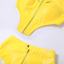 Load image into Gallery viewer, Sexy Hollow PU Leather Zipper Sling Top + Slim Shorts Two-piece Set Women Fashion Waist Cutout T-shirt Suit
