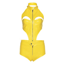 Load image into Gallery viewer, Sexy Hollow PU Leather Zipper Sling Top + Slim Shorts Two-piece Set Women Fashion Waist Cutout T-shirt Suit
