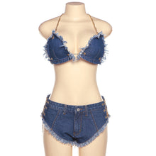 Load image into Gallery viewer, Chain Halter Neck Open Back Fringed Denim Tube Top + Shorts Two Piece Set Sexy Babes Slim Fit Denim Suit
