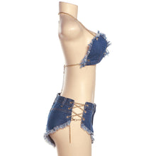 Load image into Gallery viewer, Chain Halter Neck Open Back Fringed Denim Tube Top + Shorts Two Piece Set Sexy Babes Slim Fit Denim Suit
