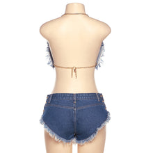 Load image into Gallery viewer, Chain Halter Neck Open Back Fringed Denim Tube Top + Shorts Two Piece Set Sexy Babes Slim Fit Denim Suit
