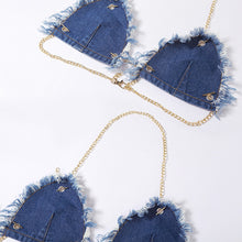 Load image into Gallery viewer, Chain Halter Neck Open Back Fringed Denim Tube Top + Shorts Two Piece Set Sexy Babes Slim Fit Denim Suit
