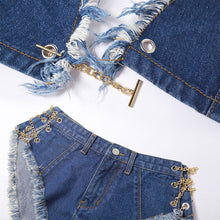 Load image into Gallery viewer, Chain Halter Neck Open Back Fringed Denim Tube Top + Shorts Two Piece Set Sexy Babes Slim Fit Denim Suit
