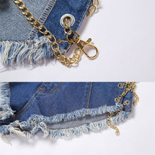 Load image into Gallery viewer, Chain Halter Neck Open Back Fringed Denim Tube Top + Shorts Two Piece Set Sexy Babes Slim Fit Denim Suit
