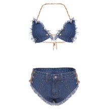 Load image into Gallery viewer, Chain Halter Neck Open Back Fringed Denim Tube Top + Shorts Two Piece Set Sexy Babes Slim Fit Denim Suit
