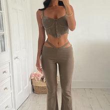 Load image into Gallery viewer, Fashion Solid Color Lowcut Irregular Camisole Tops + Flared Trousers Suit Women Waist Hollow Pants Set for Spring and Autumn
