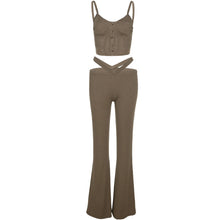 Load image into Gallery viewer, Fashion Solid Color Lowcut Irregular Camisole Tops + Flared Trousers Suit Women Waist Hollow Pants Set for Spring and Autumn
