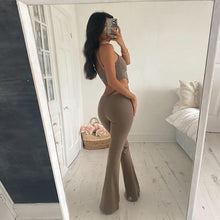Load image into Gallery viewer, Fashion Solid Color Lowcut Irregular Camisole Tops + Flared Trousers Suit Women Waist Hollow Pants Set for Spring and Autumn
