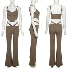 Load image into Gallery viewer, Fashion Solid Color Lowcut Irregular Camisole Tops + Flared Trousers Suit Women Waist Hollow Pants Set for Spring and Autumn
