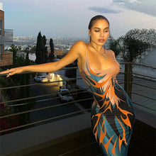 Load image into Gallery viewer, Contrast Color Fashion Print Off Shoulder Sling Lowcut Slim Fit Open Back Long Hollow Sexy Wrap Hip Dress
