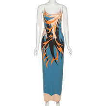 Load image into Gallery viewer, Contrast Color Fashion Print Off Shoulder Sling Lowcut Slim Fit Open Back Long Hollow Sexy Wrap Hip Dress
