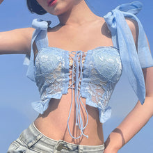 Load image into Gallery viewer, Off-shoulder Bowknot Straps Slim Hollow Mesh Navel Crop Top Suspenders Vest Fashion Women Sling T-shirt
