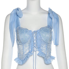 Load image into Gallery viewer, Off-shoulder Bowknot Straps Slim Hollow Mesh Navel Crop Top Suspenders Vest Fashion Women Sling T-shirt
