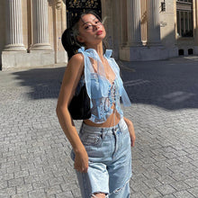 Load image into Gallery viewer, Off-shoulder Bowknot Straps Slim Hollow Mesh Navel Crop Top Suspenders Vest Fashion Women Sling T-shirt

