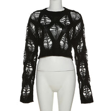Load image into Gallery viewer, Round Neck Long Sleeve Black Loose Thin Tops Women's Short Hollow Knitted Versatile Sweater
