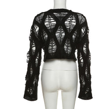 Load image into Gallery viewer, Round Neck Long Sleeve Black Loose Thin Tops Women's Short Hollow Knitted Versatile Sweater
