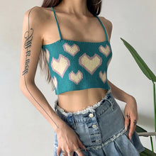 Load image into Gallery viewer, Summer Off-shoulder Slim Fit Knitted Crop Tops Vest Heart Print Fashion Women's Strap Halterneck Backless Knitted Sweater
