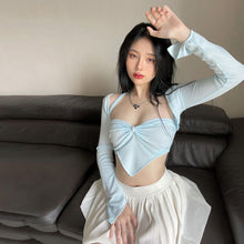 Load image into Gallery viewer, V-neck Lowcut Hollow Sexy Smocked Bownot Tube Top Long-sleeved Shawl Top Cardigan Women T-shirt
