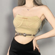 Load image into Gallery viewer, Solid Color Slim Off Shoulder Crop Tops Square Neck Belt Sexy Denim Open Back Wrap Chest Navel T-shirt Vest

