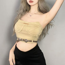 Load image into Gallery viewer, Solid Color Slim Off Shoulder Crop Tops Square Neck Belt Sexy Denim Open Back Wrap Chest Navel T-shirt Vest
