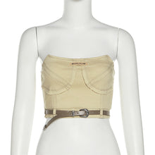 Load image into Gallery viewer, Solid Color Slim Off Shoulder Crop Tops Square Neck Belt Sexy Denim Open Back Wrap Chest Navel T-shirt Vest
