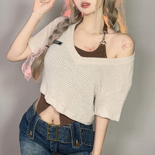 Load image into Gallery viewer, Contrast Color Sexy Halterneck Irregular Vest + V-neck Hollow T-shirt Two Piece Summer Women Off Shoulder Navel T-shirt Suit
