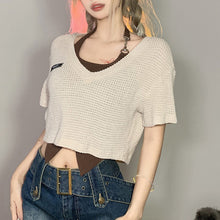 Load image into Gallery viewer, Contrast Color Sexy Halterneck Irregular Vest + V-neck Hollow T-shirt Two Piece Summer Women Off Shoulder Navel T-shirt Suit
