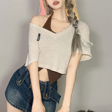 Load image into Gallery viewer, Contrast Color Sexy Halterneck Irregular Vest + V-neck Hollow T-shirt Two Piece Summer Women Off Shoulder Navel T-shirt Suit
