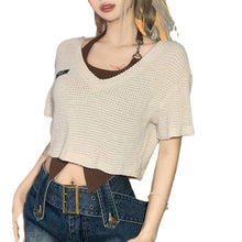 Load image into Gallery viewer, Contrast Color Sexy Halterneck Irregular Vest + V-neck Hollow T-shirt Two Piece Summer Women Off Shoulder Navel T-shirt Suit
