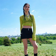 Load image into Gallery viewer, Loose Mesh-paneled Knitted Striped Top Sexy Perspective Long-sleeved All-match Round Neck Crop Top Sweater
