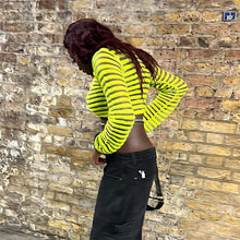 Load image into Gallery viewer, Loose Mesh-paneled Knitted Striped Top Sexy Perspective Long-sleeved All-match Round Neck Crop Top Sweater
