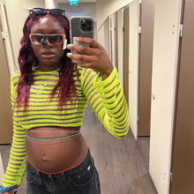 Load image into Gallery viewer, Loose Mesh-paneled Knitted Striped Top Sexy Perspective Long-sleeved All-match Round Neck Crop Top Sweater
