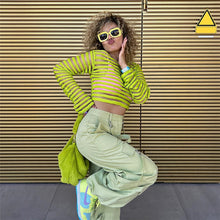 Load image into Gallery viewer, Loose Mesh-paneled Knitted Striped Top Sexy Perspective Long-sleeved All-match Round Neck Crop Top Sweater
