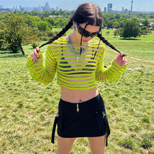 Load image into Gallery viewer, Loose Mesh-paneled Knitted Striped Top Sexy Perspective Long-sleeved All-match Round Neck Crop Top Sweater
