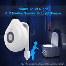 Load image into Gallery viewer, LED Toilet Seat Night Light Motion Sensor WC Light 8 Colors Changeable Lamp AAA Battery Powered Backlight for Toilet Bowl Child
