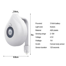 Load image into Gallery viewer, LED Toilet Seat Night Light Motion Sensor WC Light 8 Colors Changeable Lamp AAA Battery Powered Backlight for Toilet Bowl Child

