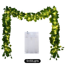 Load image into Gallery viewer, 2m/5m/10m Simulated Vine Light String Green Leaf String Lights Artificial Vine Fairy Lights Battery Powered Christmas Garland Light For Weeding Home Decor
