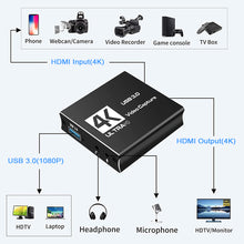Load image into Gallery viewer, HDMI Video Capture Card for Live Streaming 1080P 4K USB3.0 Video Recorders Switch Game for PS4 Camera Xbox Recording Box
