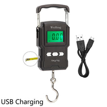 Load image into Gallery viewer, 75Kg 10g USB Chargeable LCD Digital Scale with 1m Ruler Tapeline Portable Hanging Hook Scale Fishing Travel Mini Electronic Weighing Scale
