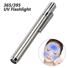 Load image into Gallery viewer, 365/395nm Stainless Steel Mini Pocket Lamp Led 365/395 UV Flashlight Torch Ultra Violet Light AAA Battery for Marker Checker Detection
