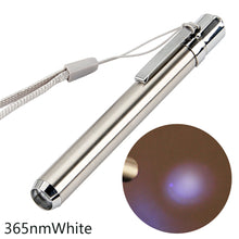 Load image into Gallery viewer, 365/395nm Stainless Steel Mini Pocket Lamp Led 365/395 UV Flashlight Torch Ultra Violet Light AAA Battery for Marker Checker Detection

