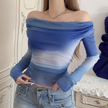 Load image into Gallery viewer, Tie-dye Printed Mesh Perspective Long Sleeve Off Shoulder Nightclub Summer Sexy Slim Fit T-shirt Top
