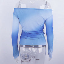 Load image into Gallery viewer, Tie-dye Printed Mesh Perspective Long Sleeve Off Shoulder Nightclub Summer Sexy Slim Fit T-shirt Top
