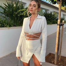 Load image into Gallery viewer, New Fashion Hollow Cardigan Long Sleeve Lapel Top Slim Short Skirt Suit Bright Color Two-piece
