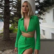 Load image into Gallery viewer, New Fashion Hollow Cardigan Long Sleeve Lapel Top Slim Short Skirt Suit Bright Color Two-piece

