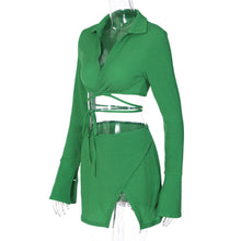 Load image into Gallery viewer, New Fashion Hollow Cardigan Long Sleeve Lapel Top Slim Short Skirt Suit Bright Color Two-piece
