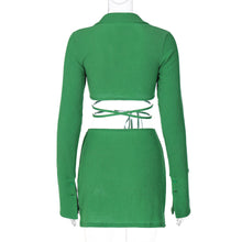 Load image into Gallery viewer, New Fashion Hollow Cardigan Long Sleeve Lapel Top Slim Short Skirt Suit Bright Color Two-piece

